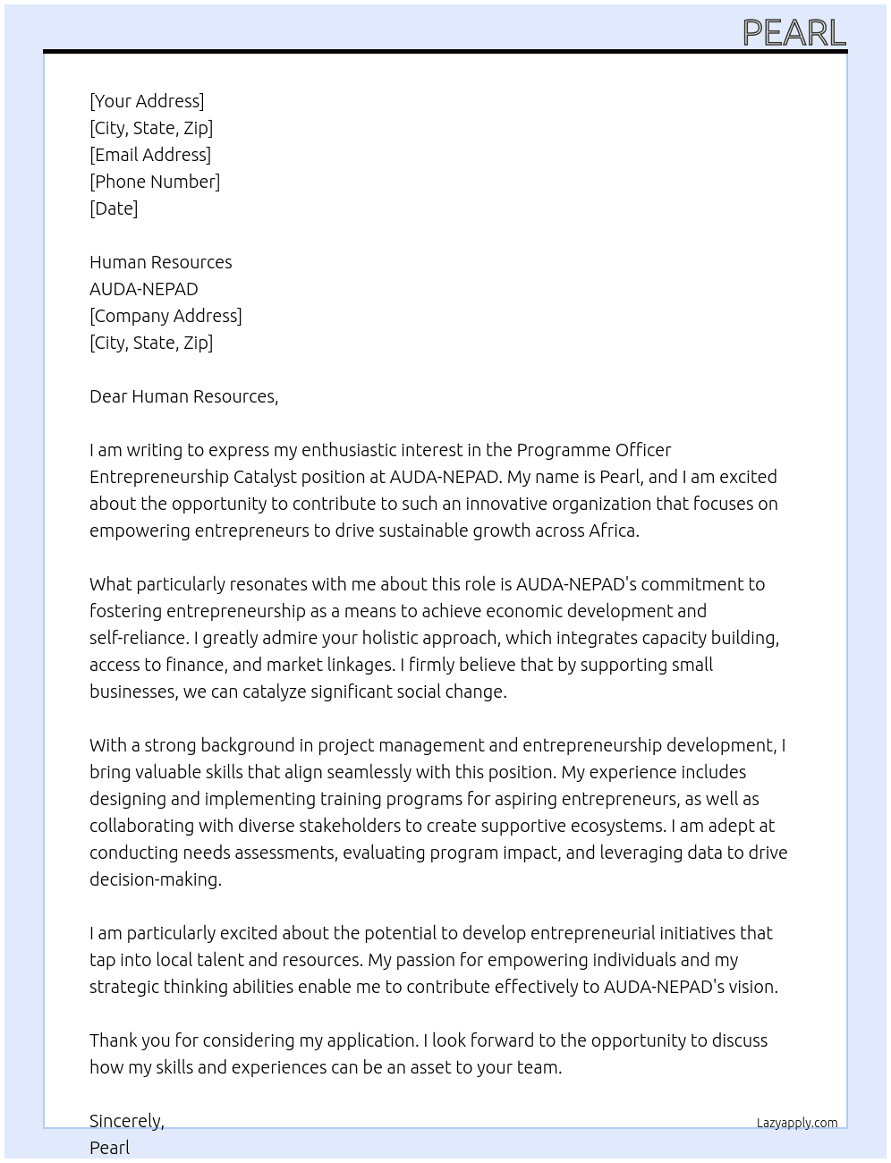 Cover letter for programme officer entrepreneurship catalyst - LazyApply
