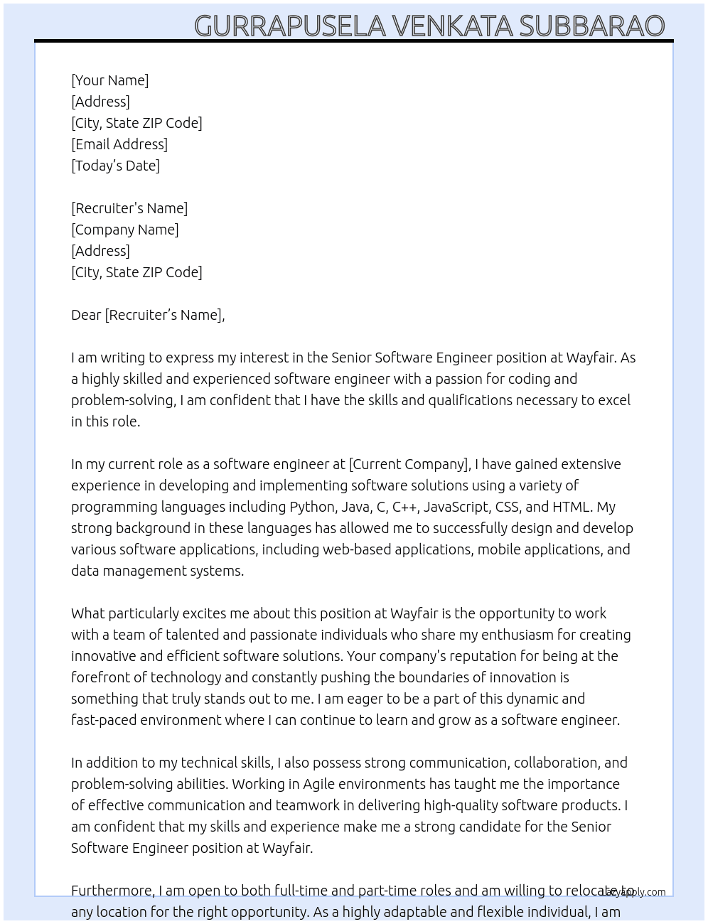 Senior software engineer  At Wayfair Cover Letter