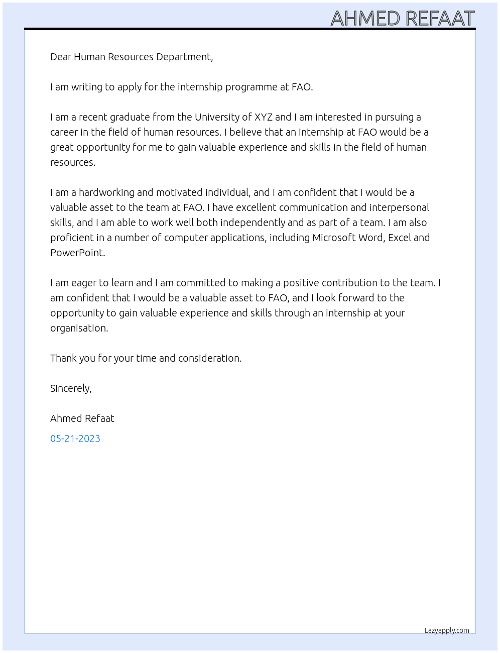 Internship Programme At FAO  Cover Letter