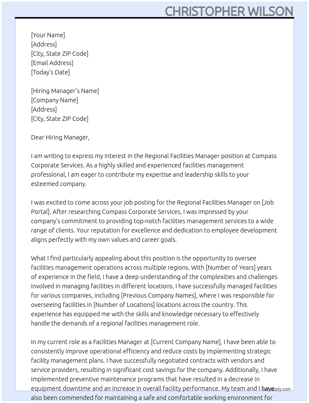 Regional Facilities Manager At Compass Corporate Services Cover Letter