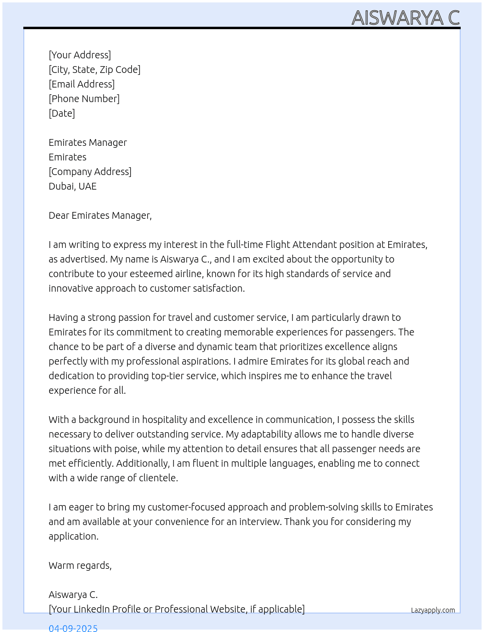Cover letter for flight attend - LazyApply