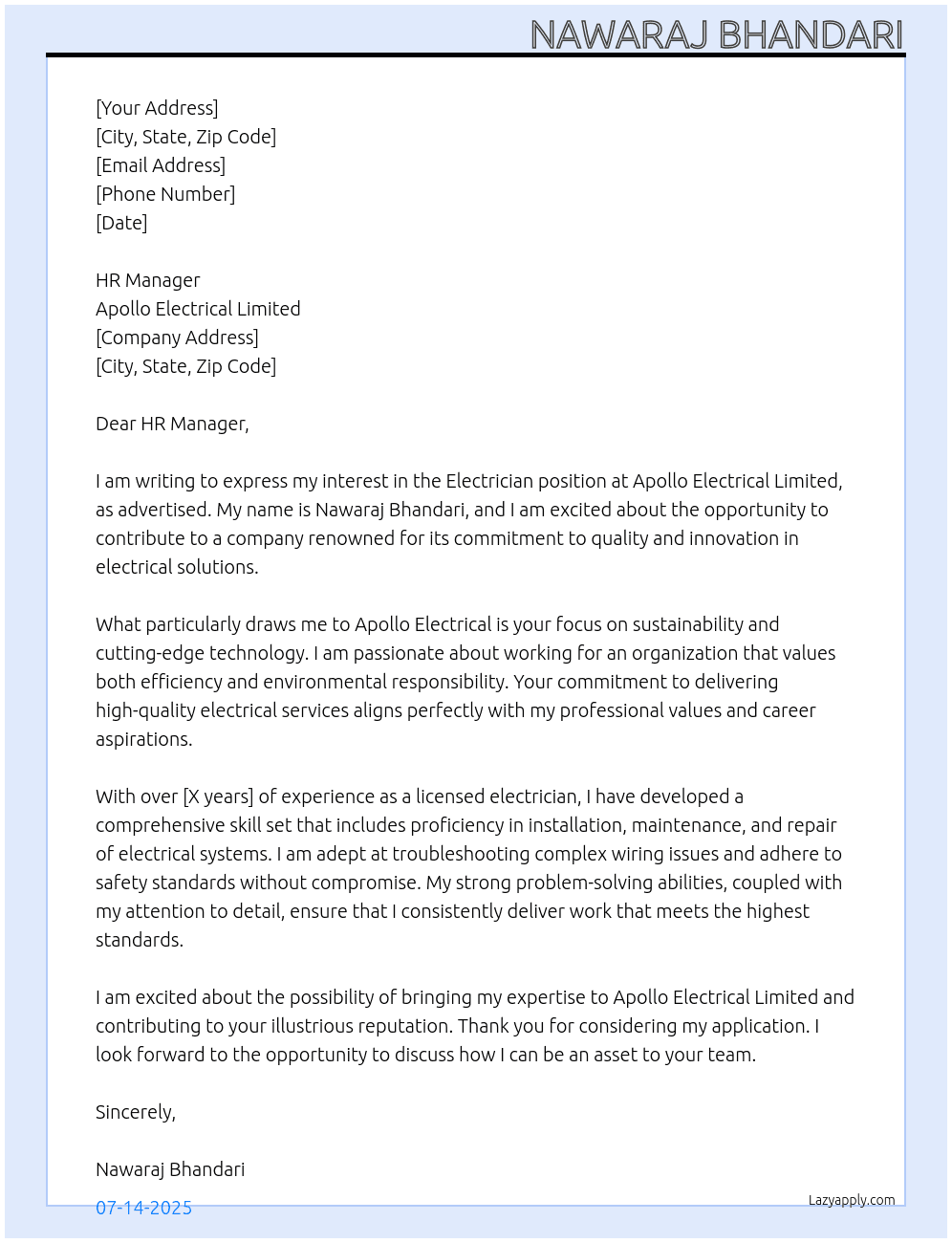 ELECTRICIAN At Apollo Electrical Limited Cover Letter