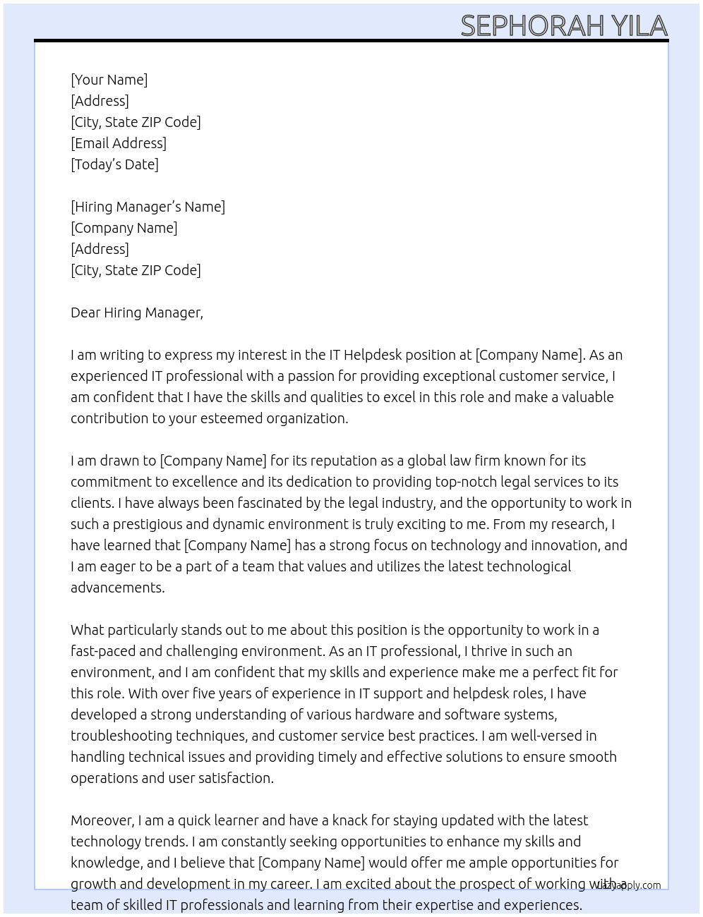 IT Helpdesk At Global law firm Cover Letter