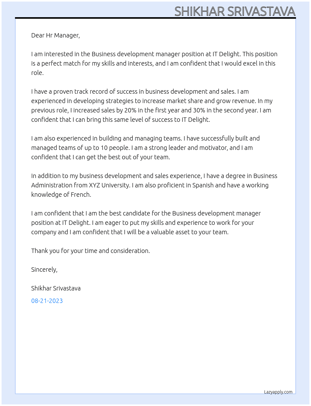 Business development manager  At IT Delight  Cover Letter