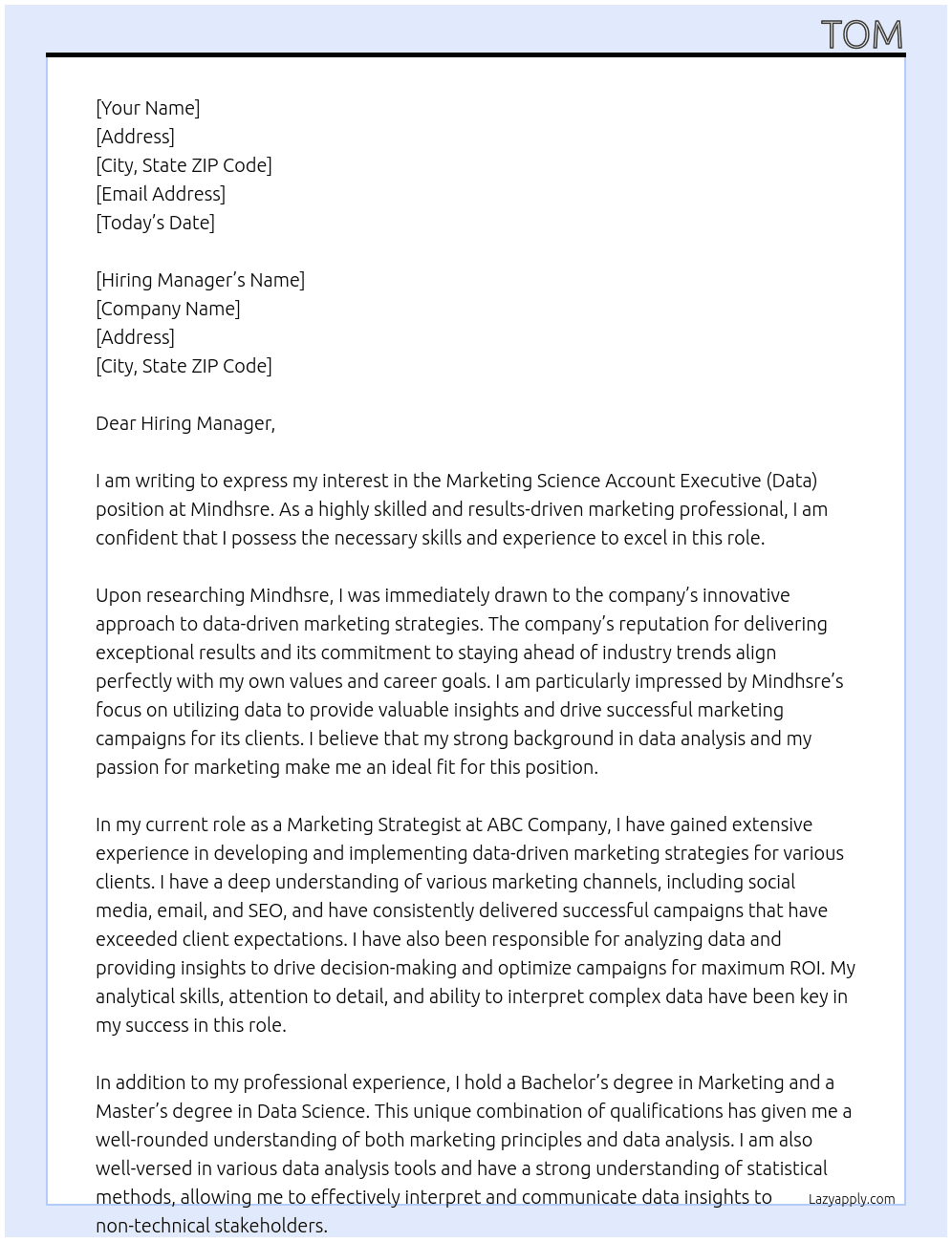 Marketing Science Account Executive (Data) At Mindhsre Cover Letter