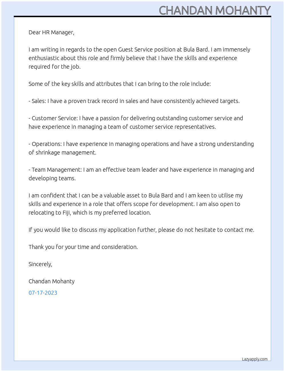 Guest Service  At Bula Bard Cover Letter