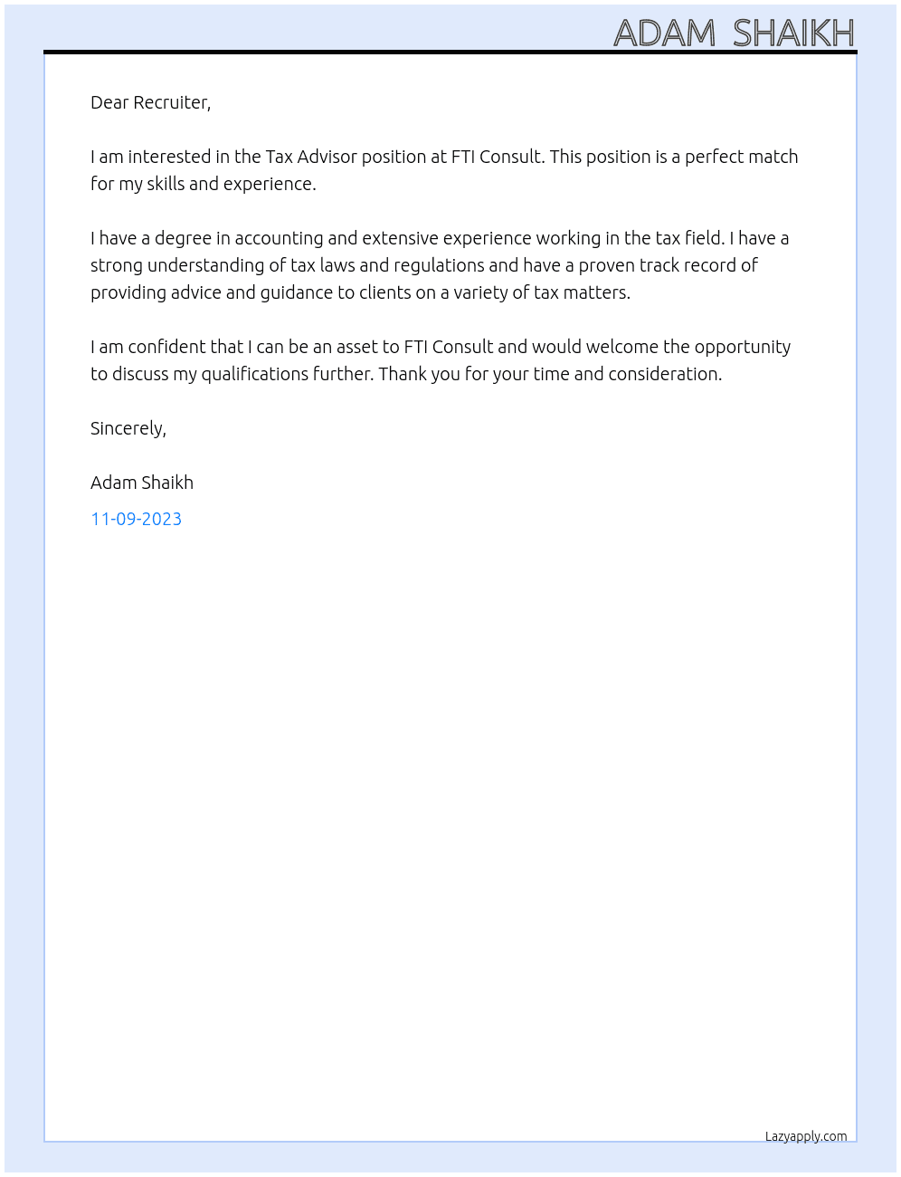 Tax Advisor At FTI Consult Cover Letter
