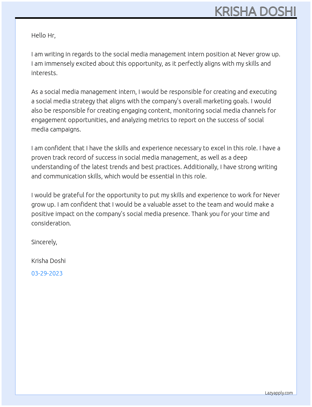 social media management intern  At Never grow up Cover Letter