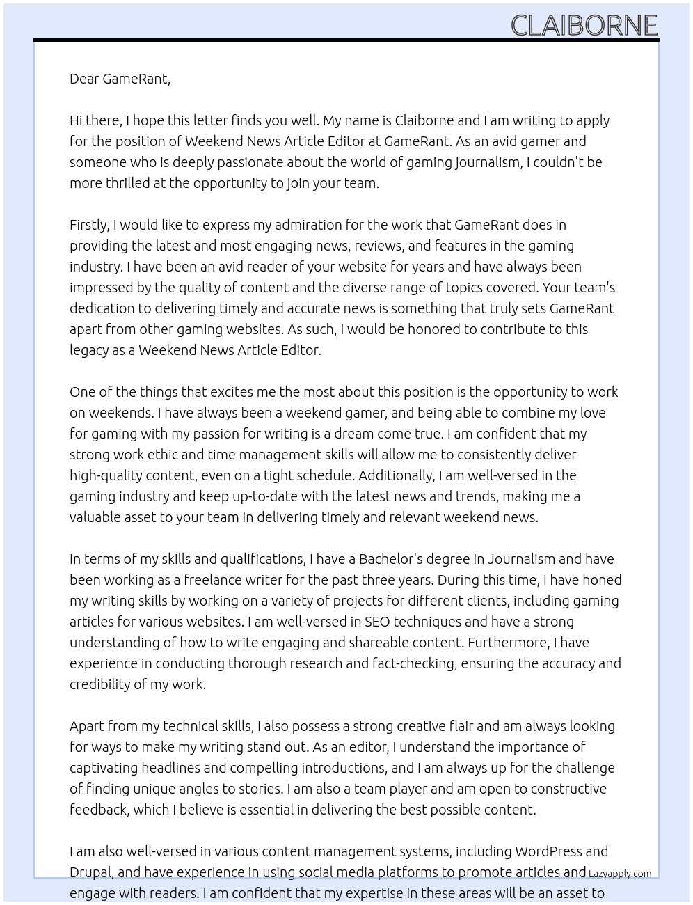 Weekend News Article Editor At GameRant Cover Letter