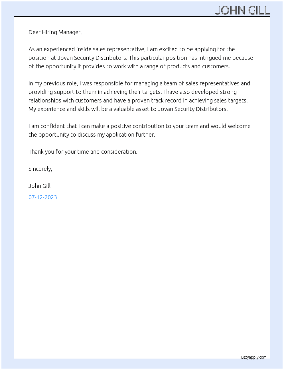 Inside sales representative At Jovan Security Distributors Cover Letter