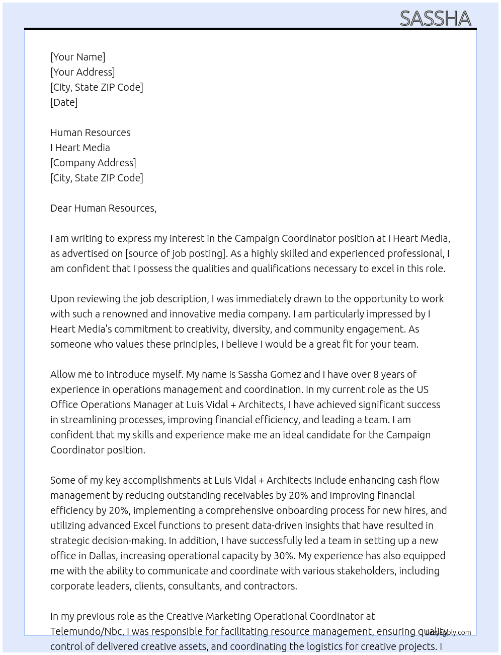 Campaign Coordinator  At I Heart Media Cover Letter