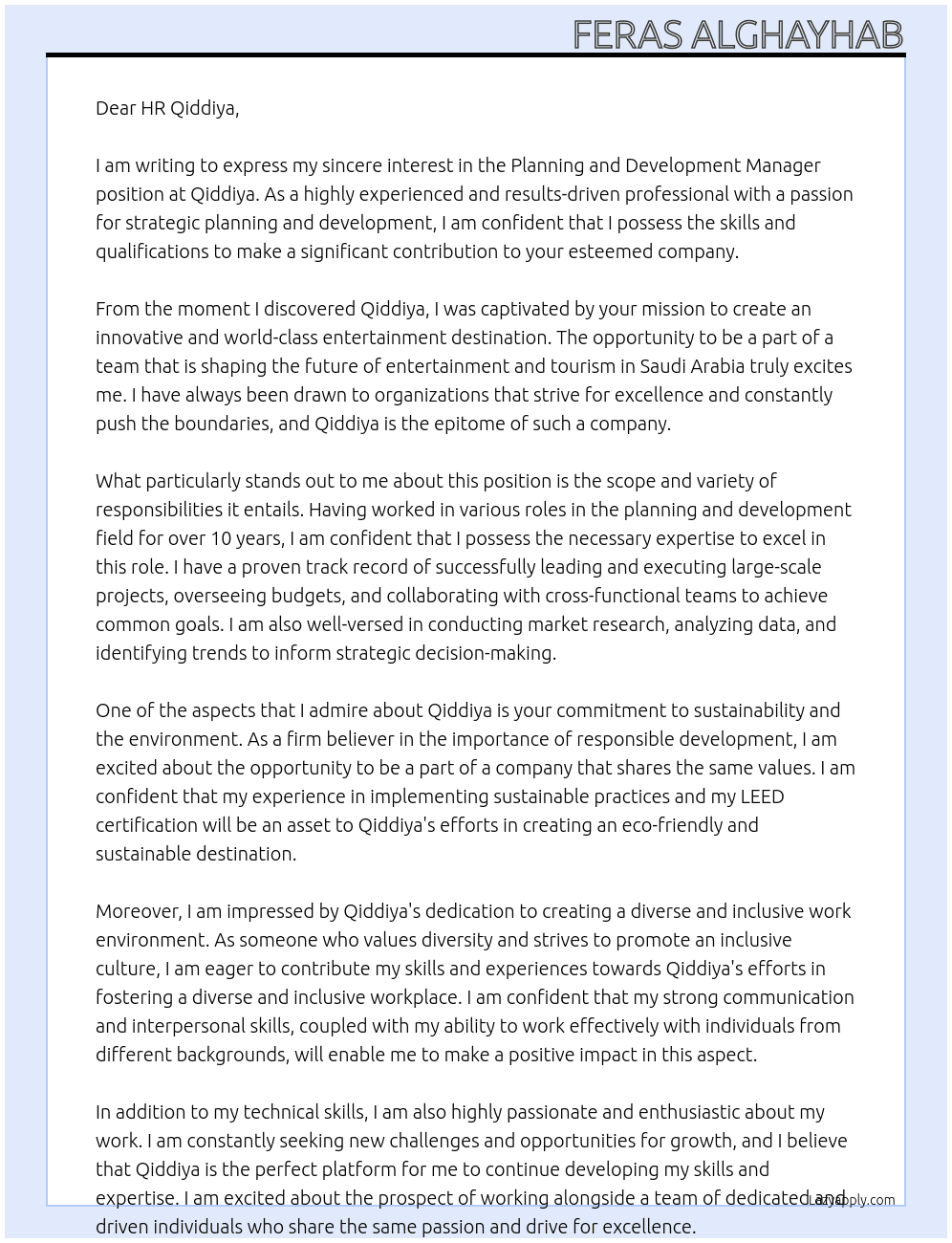  Planning and Development Manager At Qiddiya Cover Letter