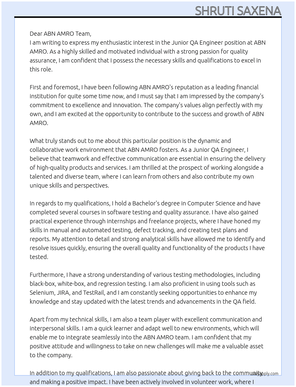 Junior QA Engineer At ABN AMRO Cover Letter