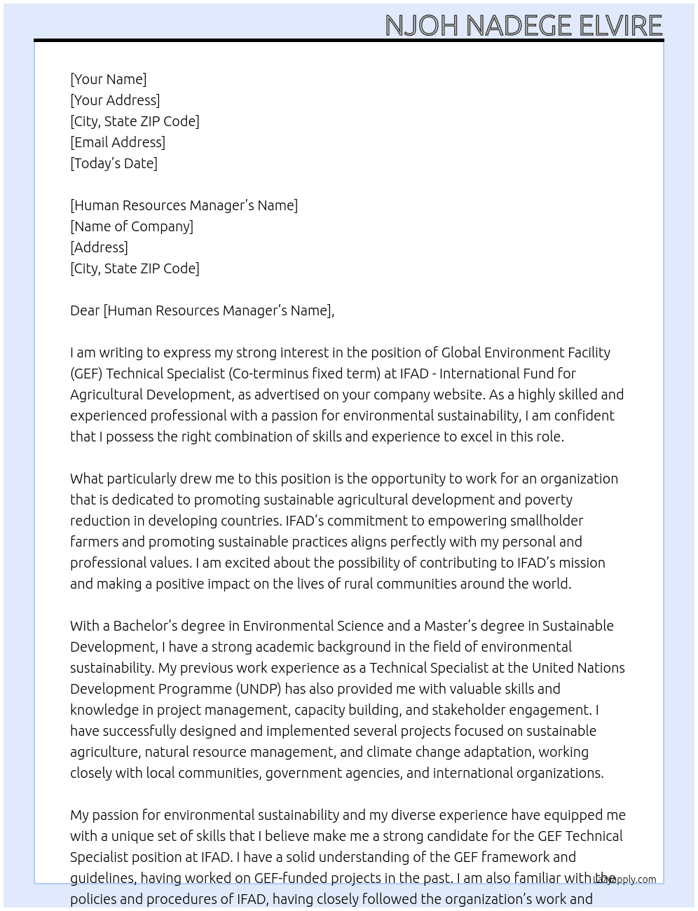 Global Environment Facility (GEF) Technical Specialist (Co-terminus fixed term) - Rome, Italy At IFAD - International Fund for Agricultural Development Cover Letter
