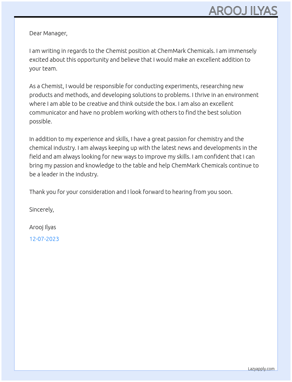CHEMIST At ChemMark Chemicals Cover Letter