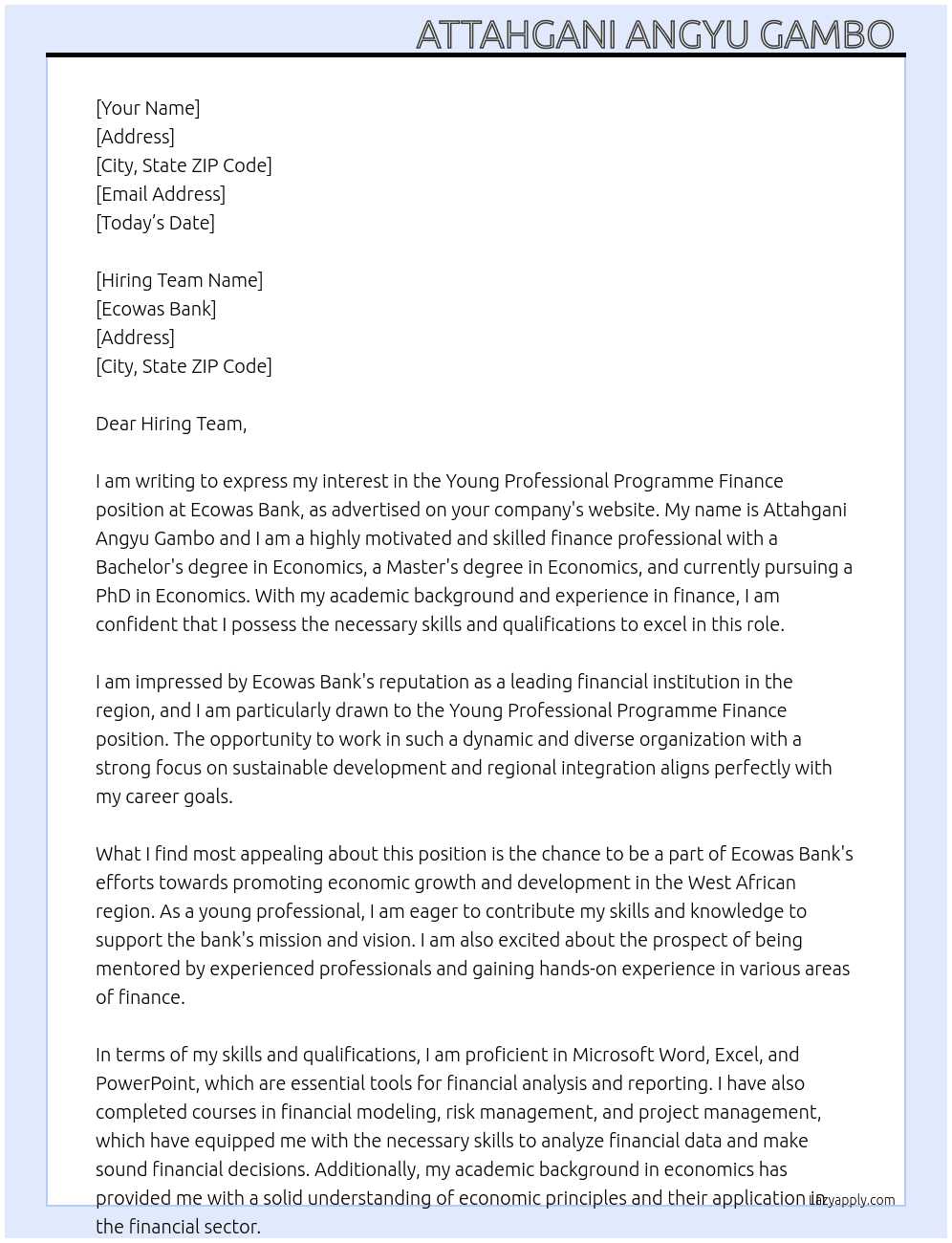 Young professional programme finance  At Ecowas bank  Cover Letter