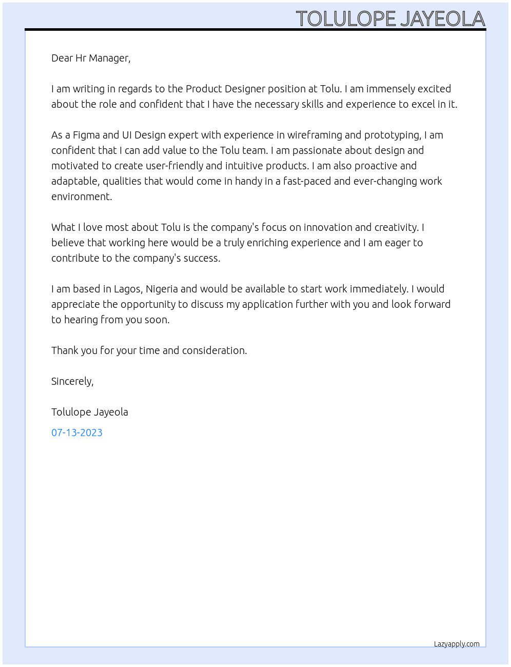 Product Designer At Tolu Cover Letter