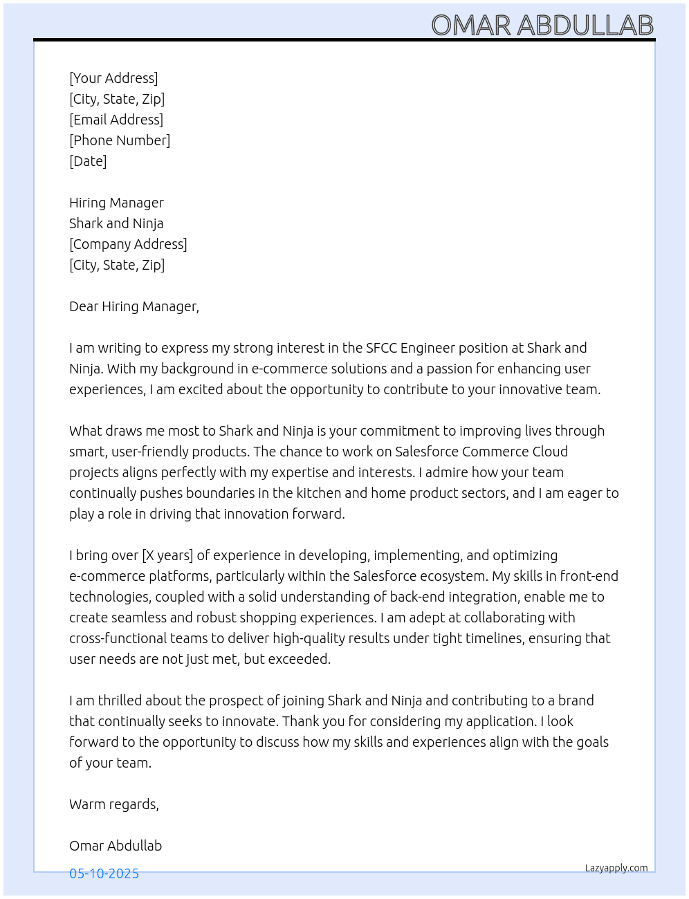 SFCC Engineer  At Shark and Ninja Cover Letter