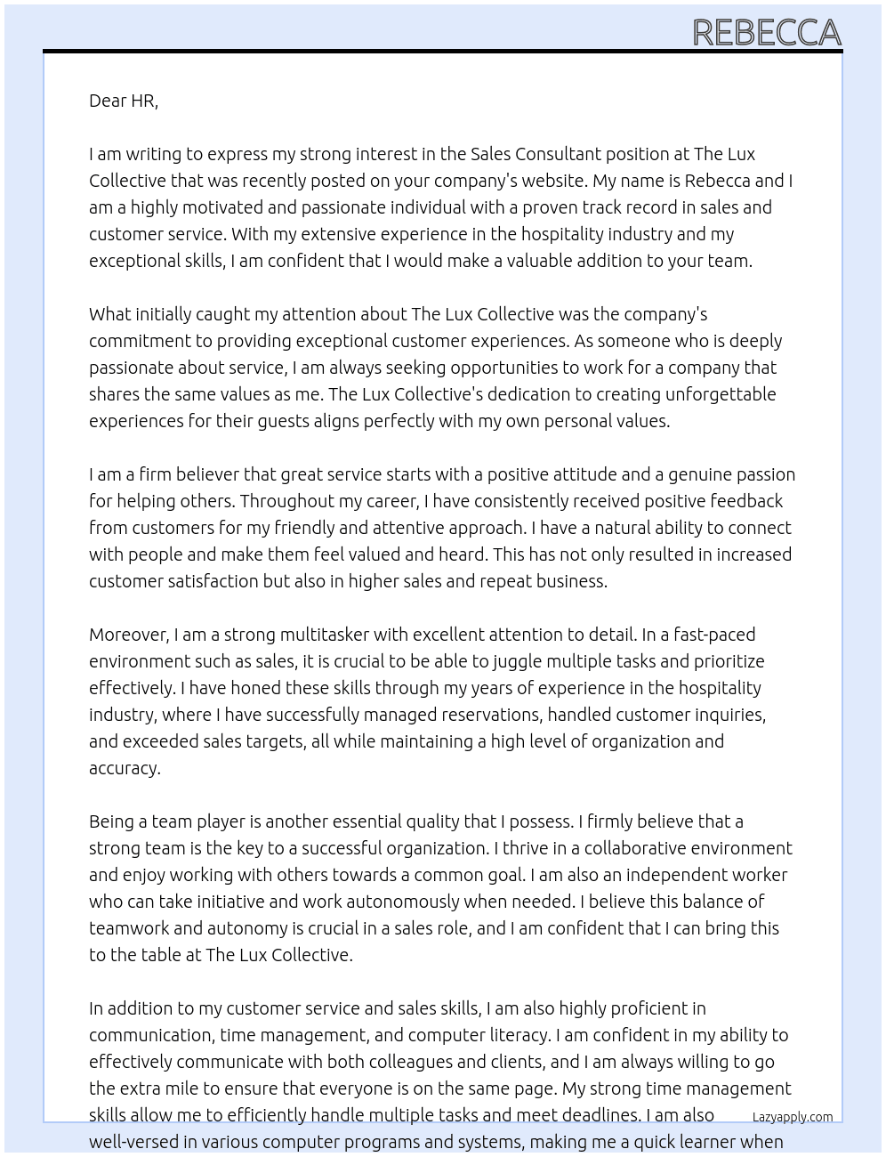 Sales Consultant At The Lux Collective Cover Letter