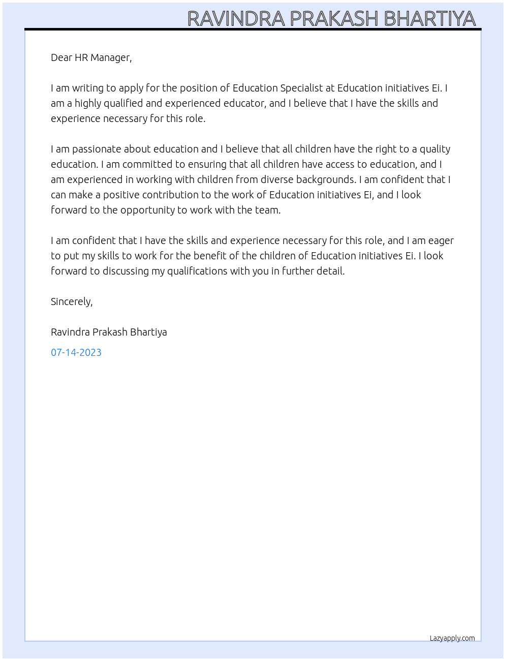 Education Specialist  At Education initiatives Ei Cover Letter