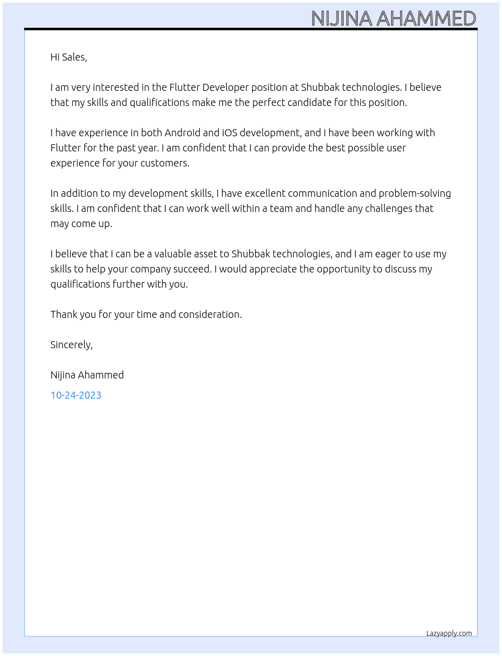 Flutter Developer At Shubbak technologies Cover Letter