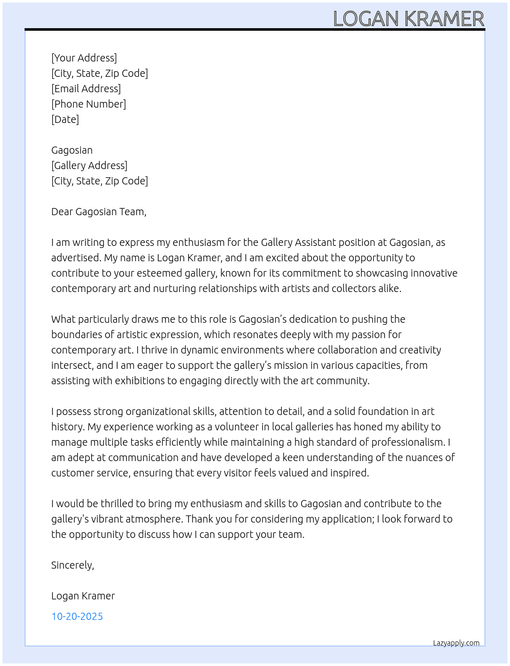 Cover letter for gallery assistant - LazyApply