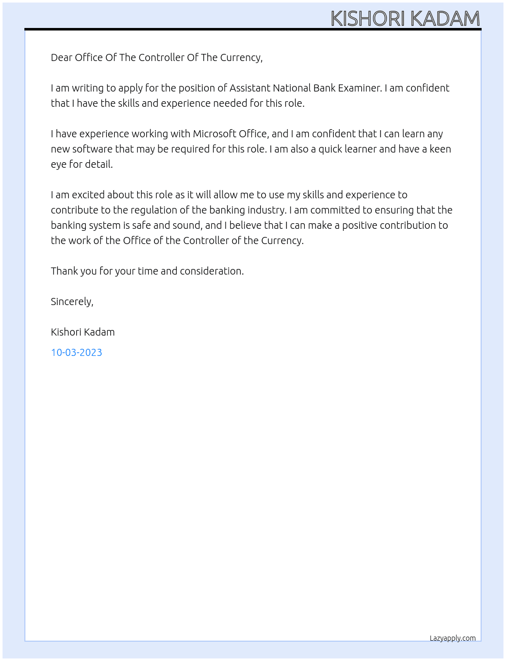 Assistant National Bank Examiner At Office Of The Controller Of The Currency Cover Letter