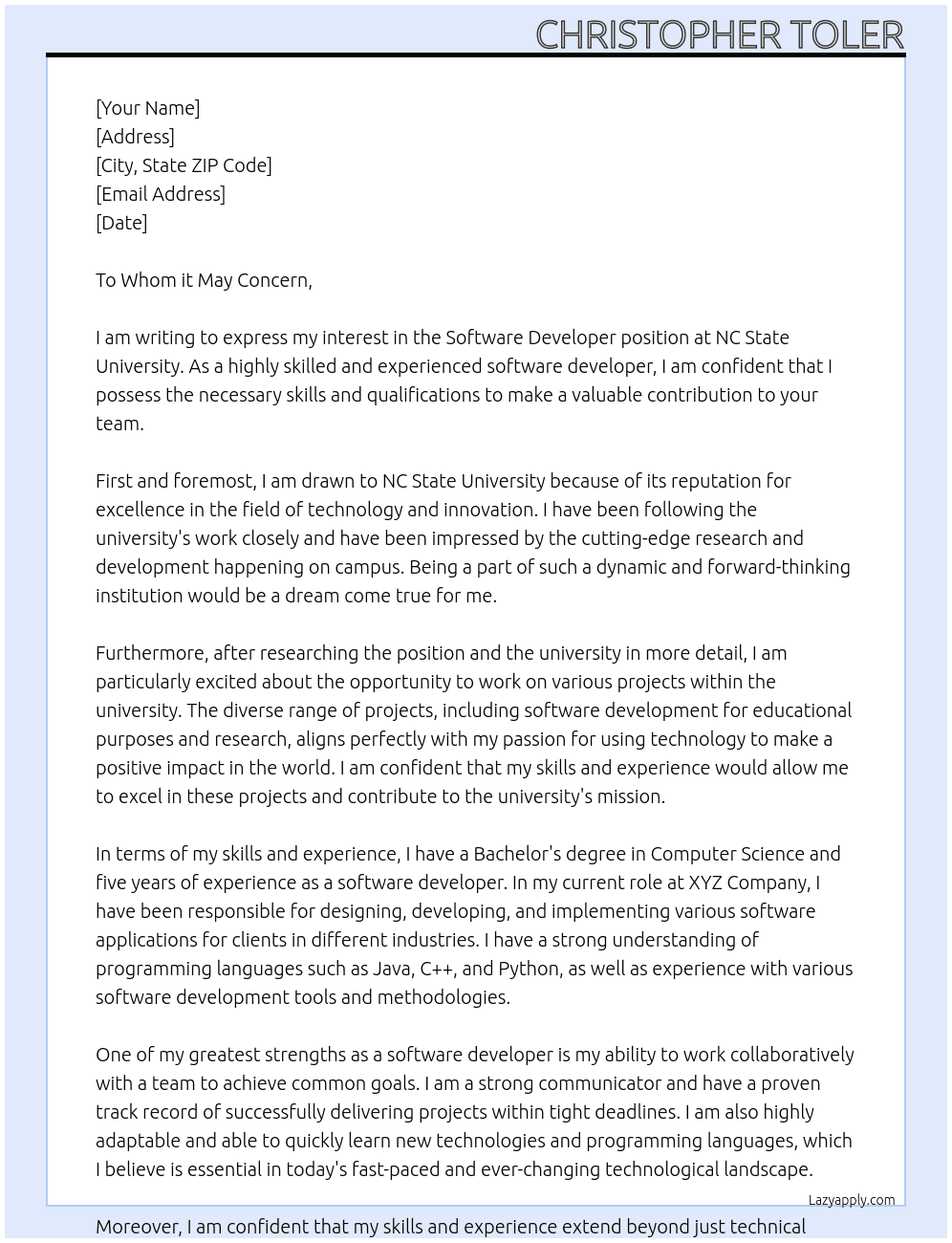 Software Developer At NC State University Cover Letter