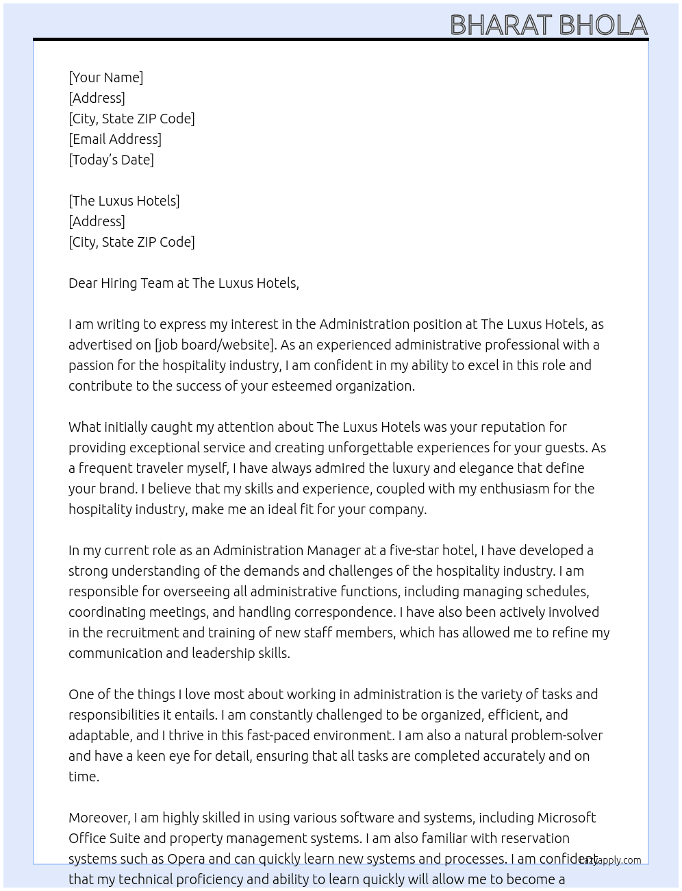 administration At The Luxus Hotels Cover Letter