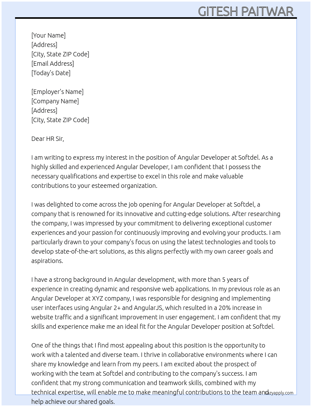 Angular Developer  At Softdel Cover Letter