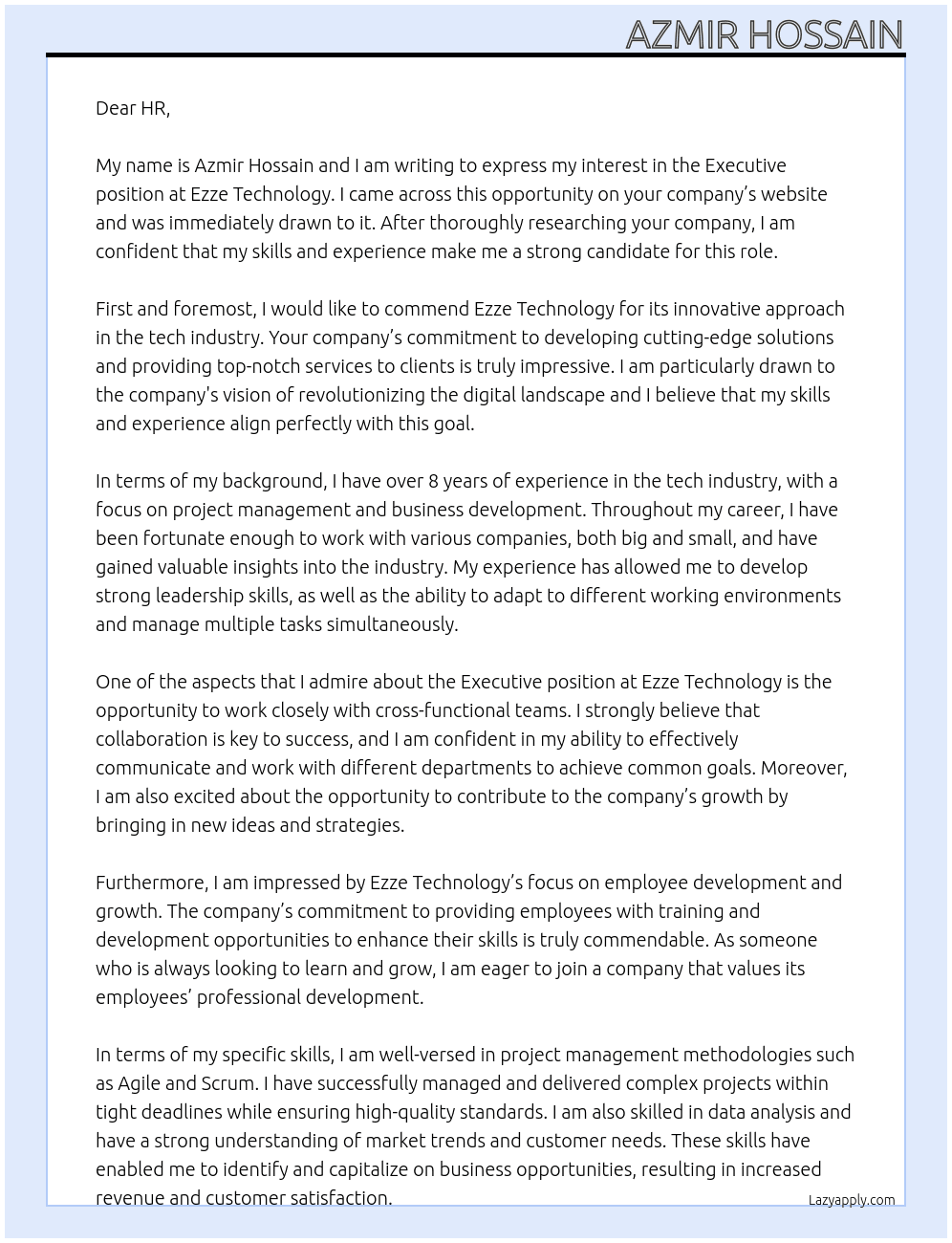 Executive  At Ezze Technology Cover Letter