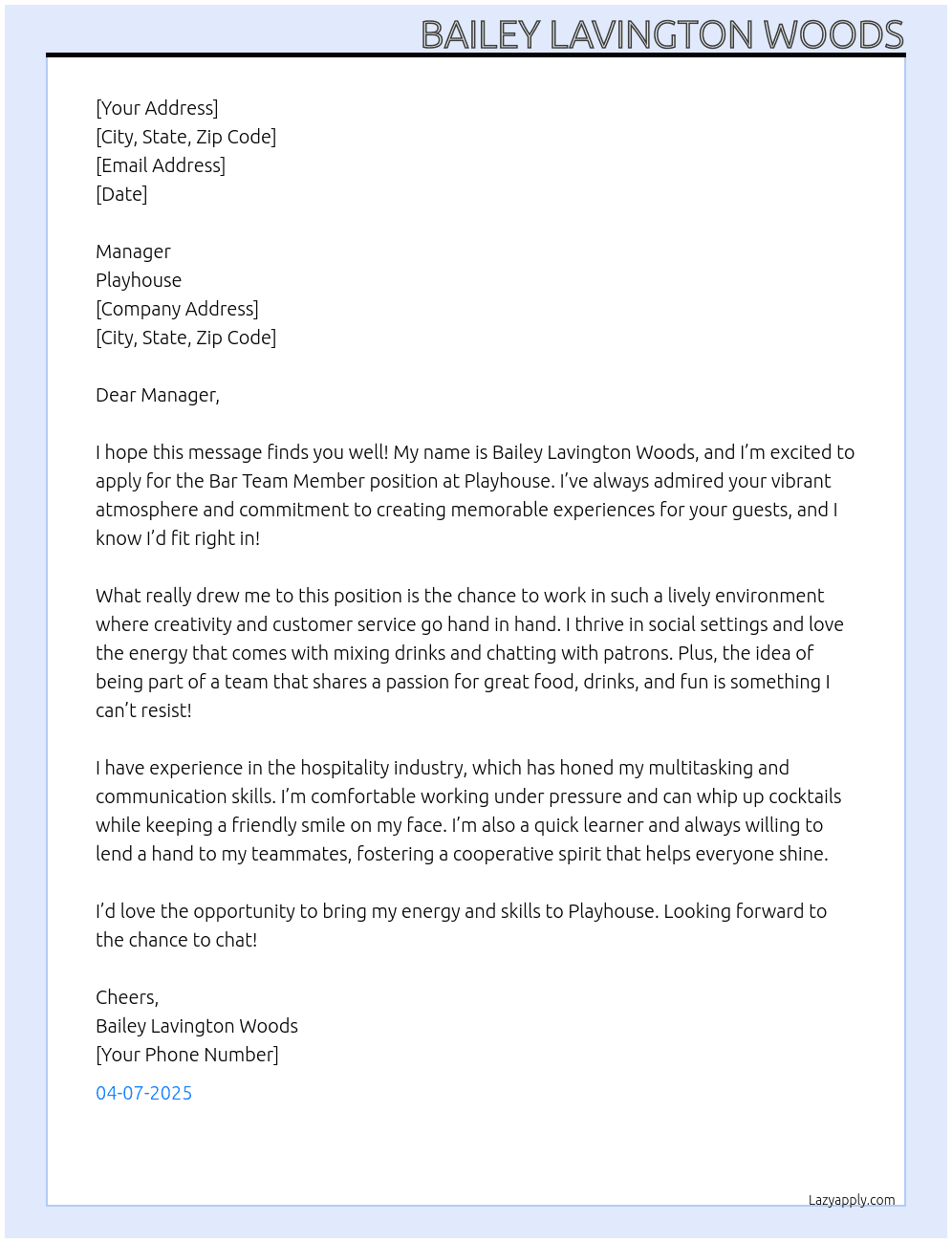 Bar team member At Playhouse Cover Letter
