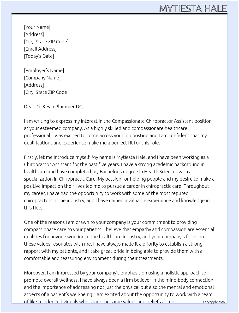 Compassionate’ Chiropractor Assistant At DR. KEVIN PLUMMER DC Cover Letter