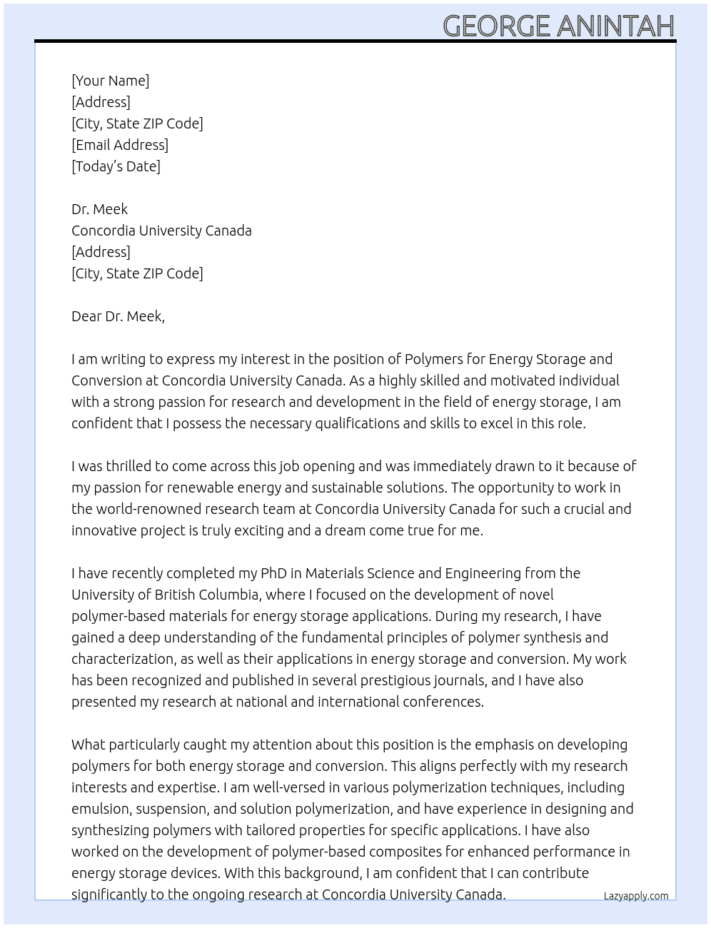 Polymers for energy Storage and Conversion  At Concordia University Canada Cover Letter