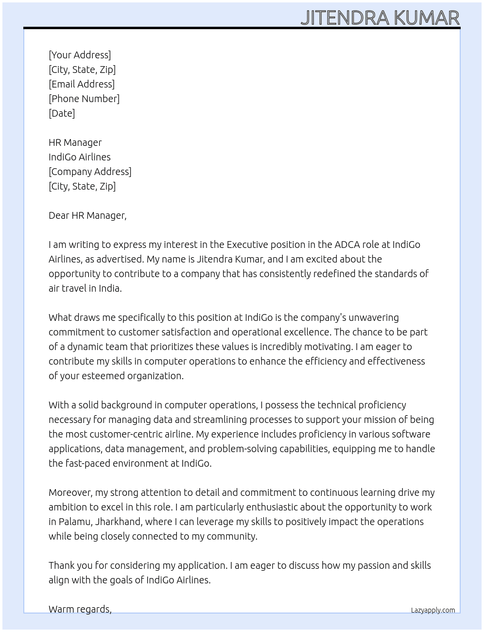 Executive At IndiGo airlines  Cover Letter