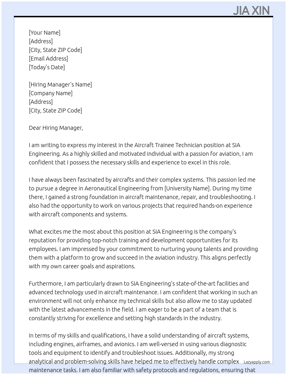 Aircraft Trainee Technician  At SIA Engineering  Cover Letter