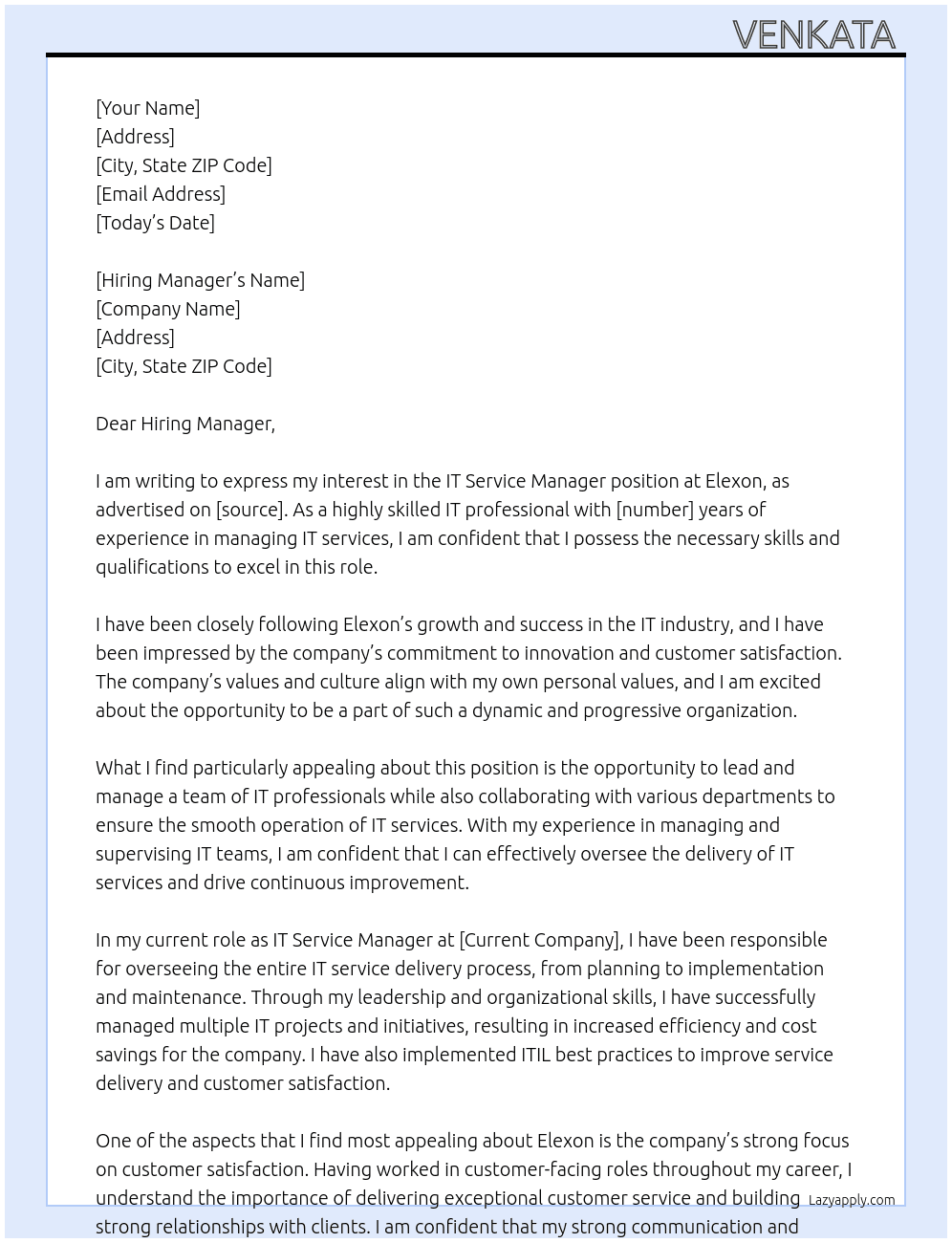 IT Service Manager At Elexon Cover Letter