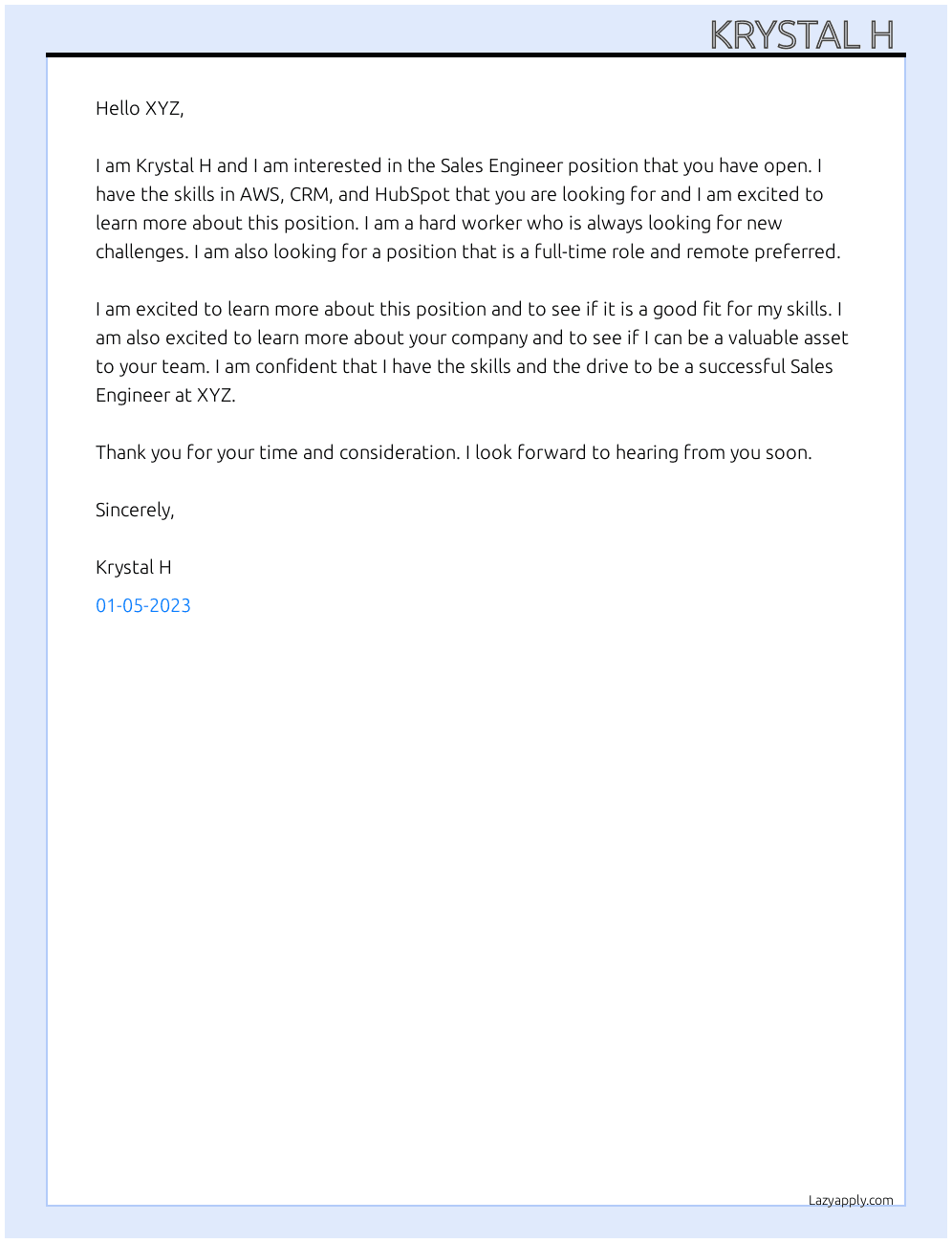 Sales Engineer At XYZ Cover Letter