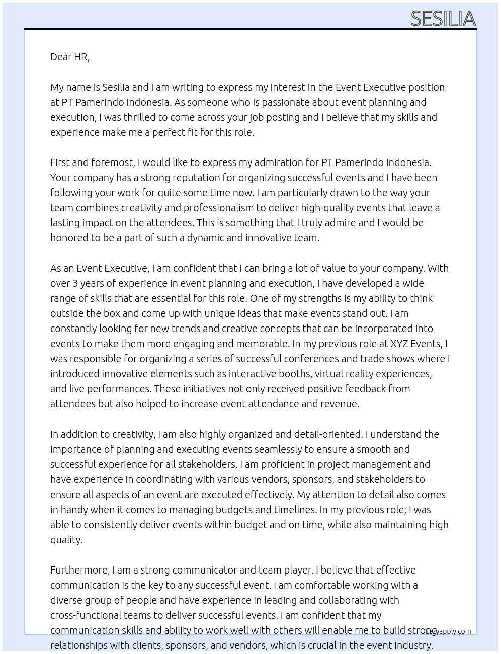 Event Executive At PT Pamerindo Indonesia Cover Letter