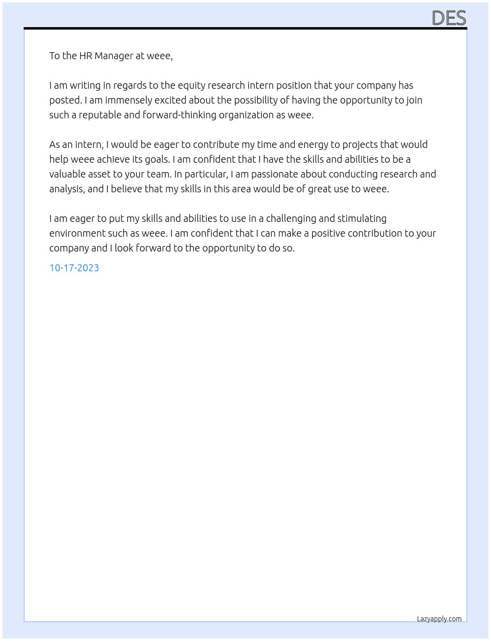 Equity Research Intern  At weee Cover Letter