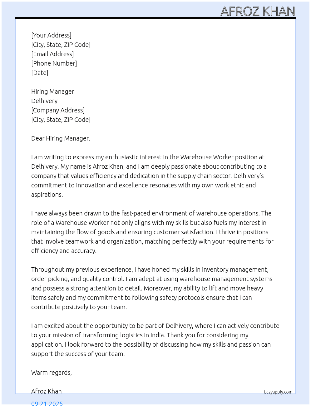 Werehouse Worker At Delhivery Cover Letter