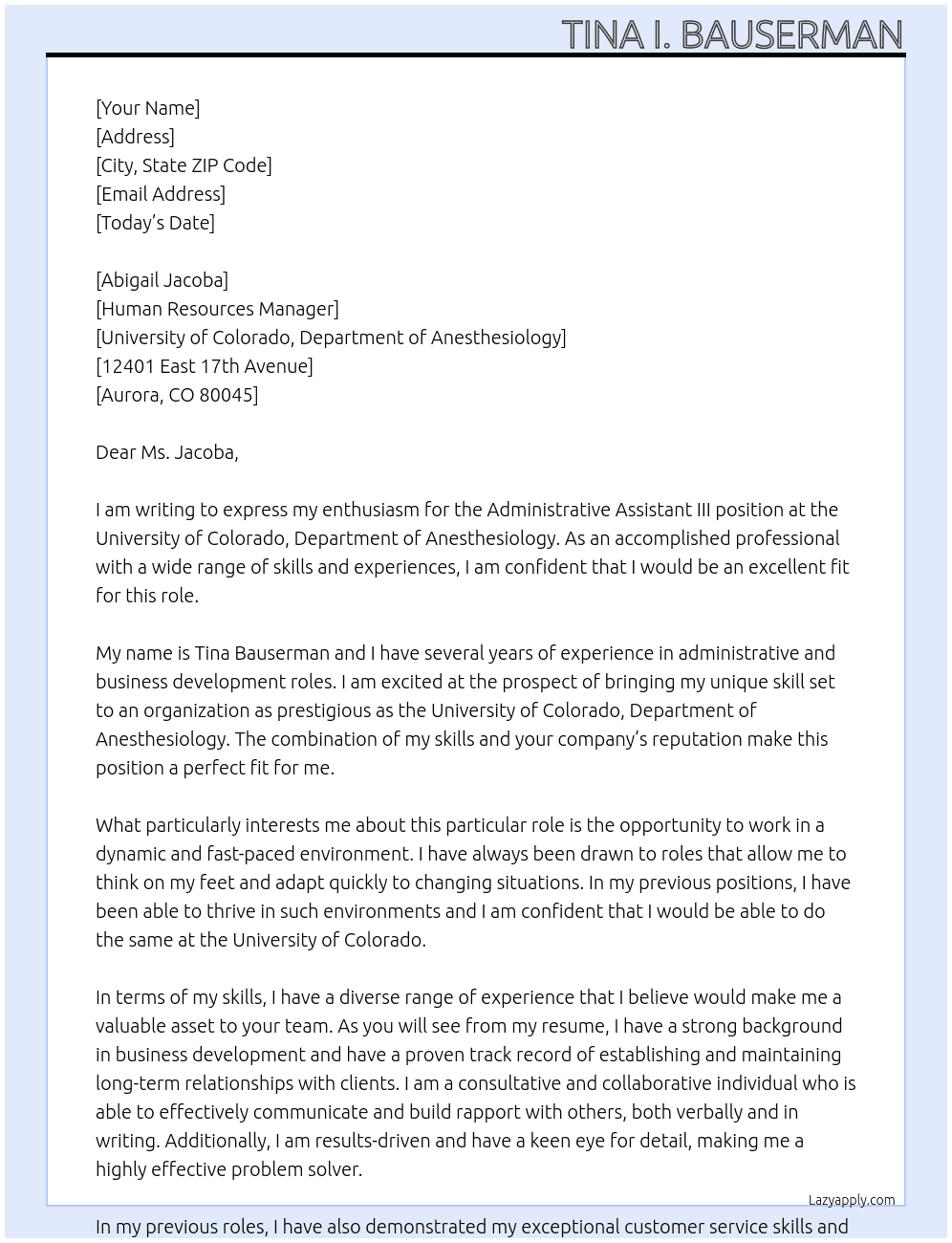 Administrative Assistant III At University of Colorado, Department of Anesthesiology Cover Letter