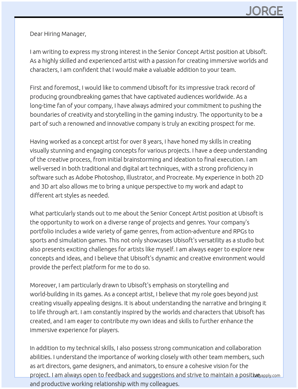 Senior concept artist At ubisoft Cover Letter