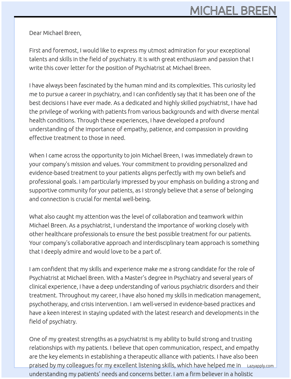 Psychytrist At Michael Breen Cover Letter
