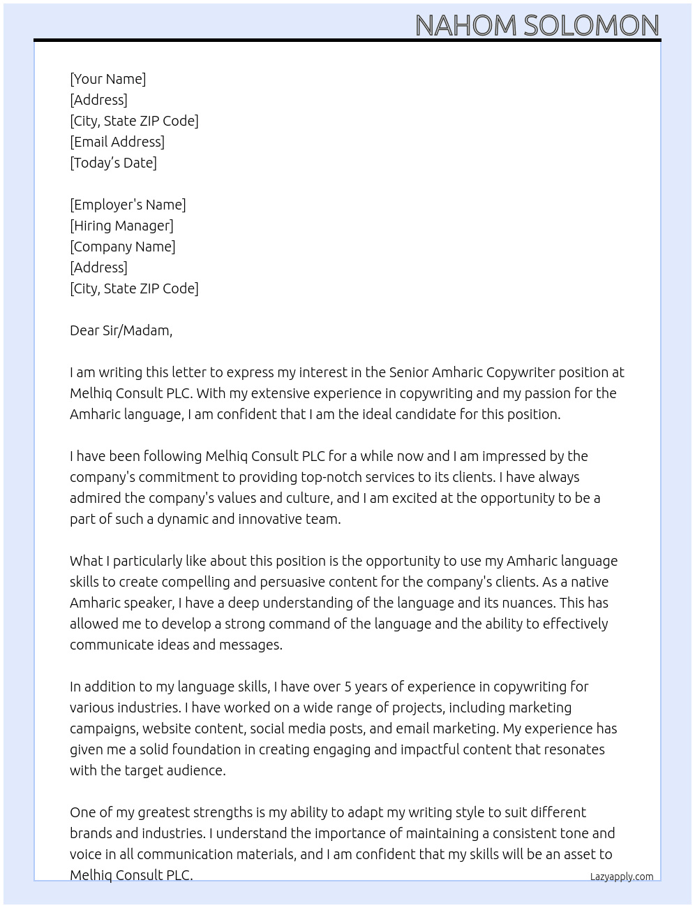 Senior Amharic Copywriter At Melhiq Consult PLC Cover Letter