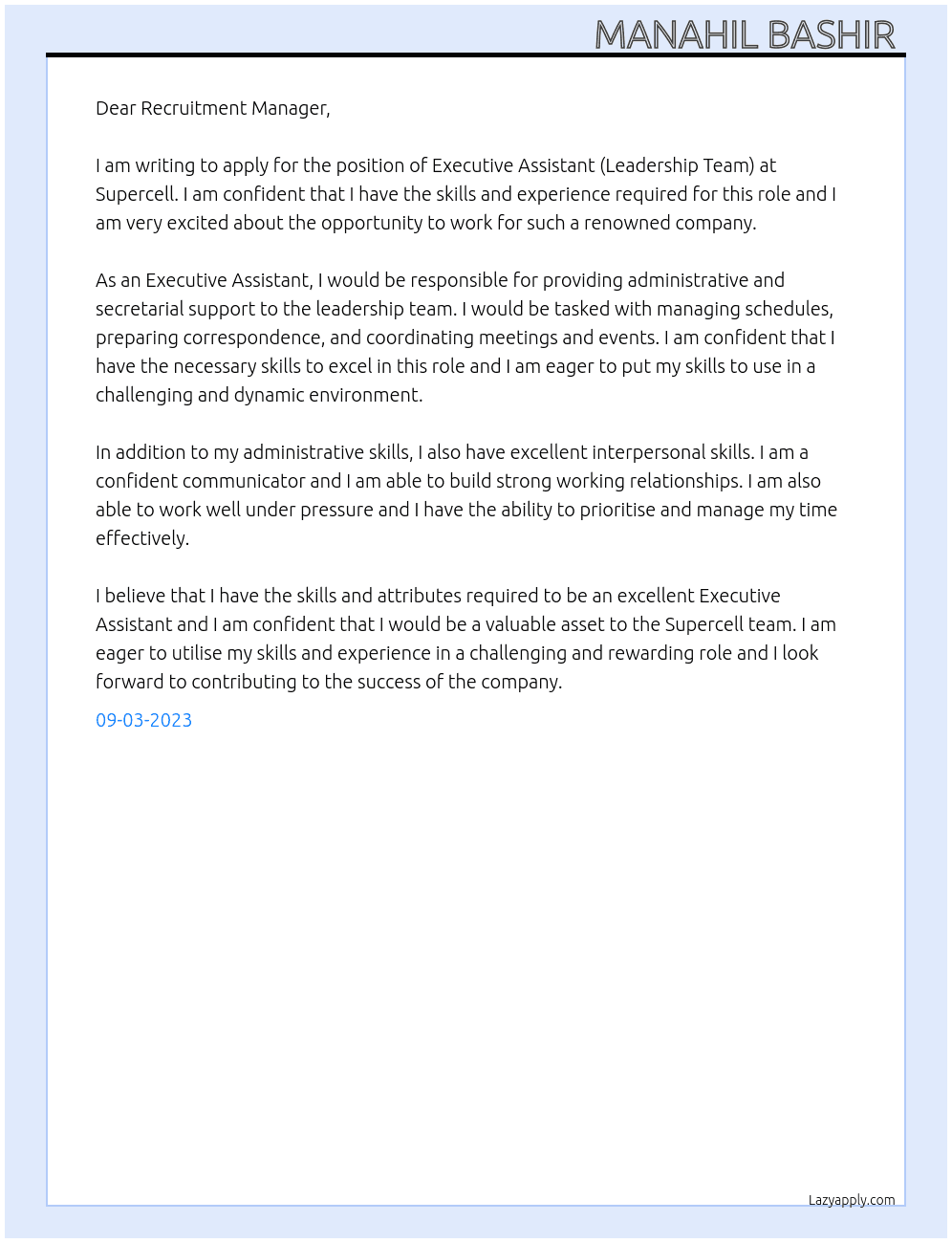 Executive Assistant (Leadership Team) At Supercell Cover Letter