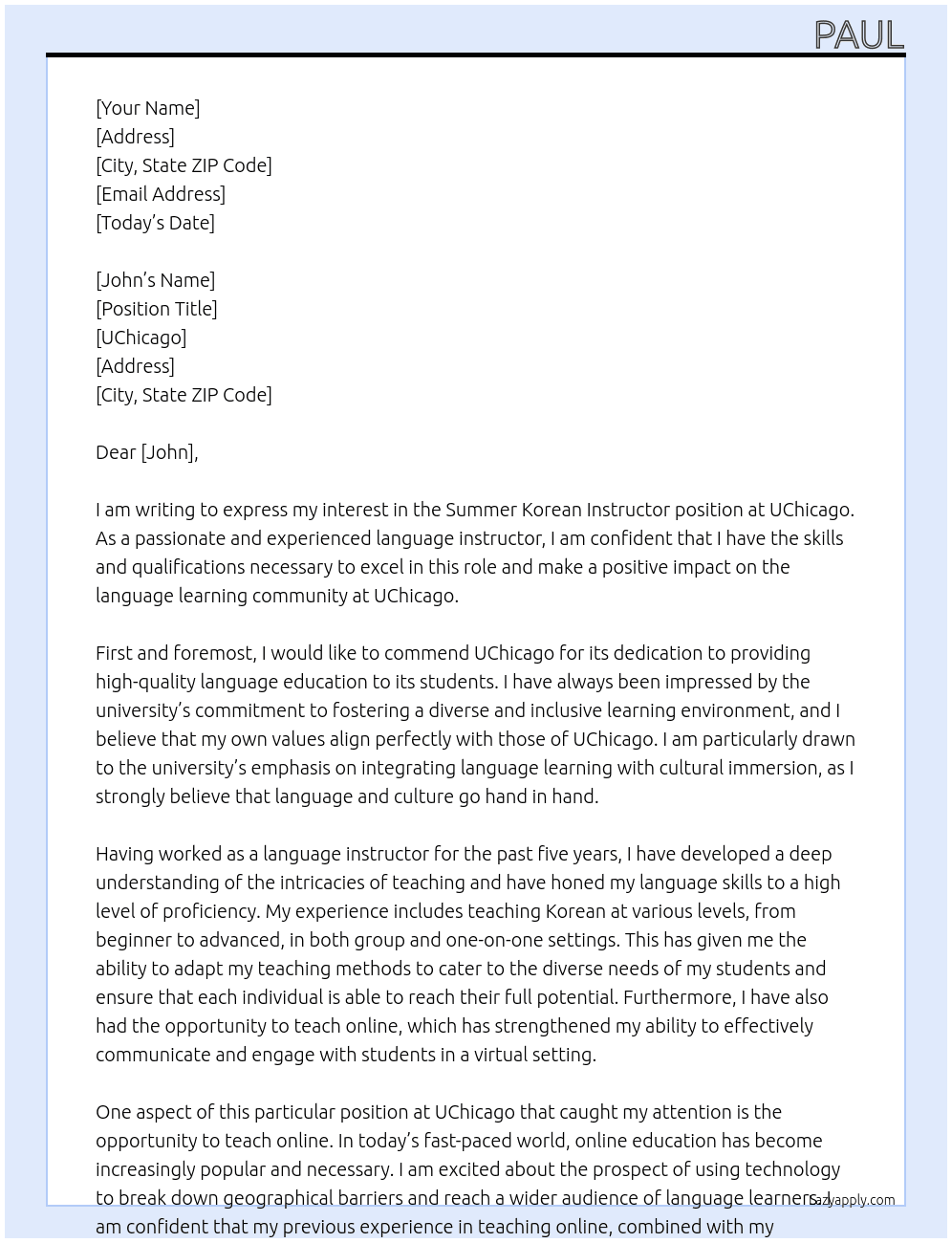Summer Korean Instructor At UChicago Cover Letter