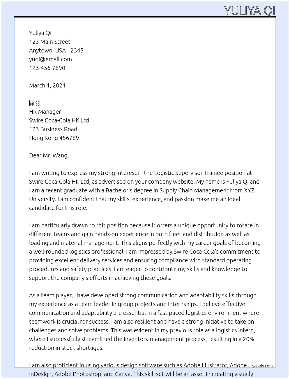 Logistic Supervisor Trainee  At Swire Coca-Cola HK Ltd Cover Letter