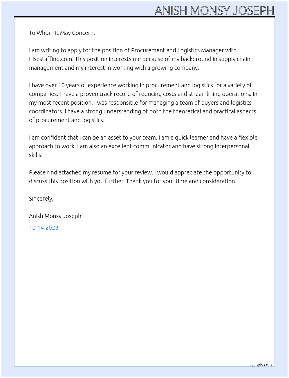 Procurement and Logistics Manager At irisestaffng.com Cover Letter