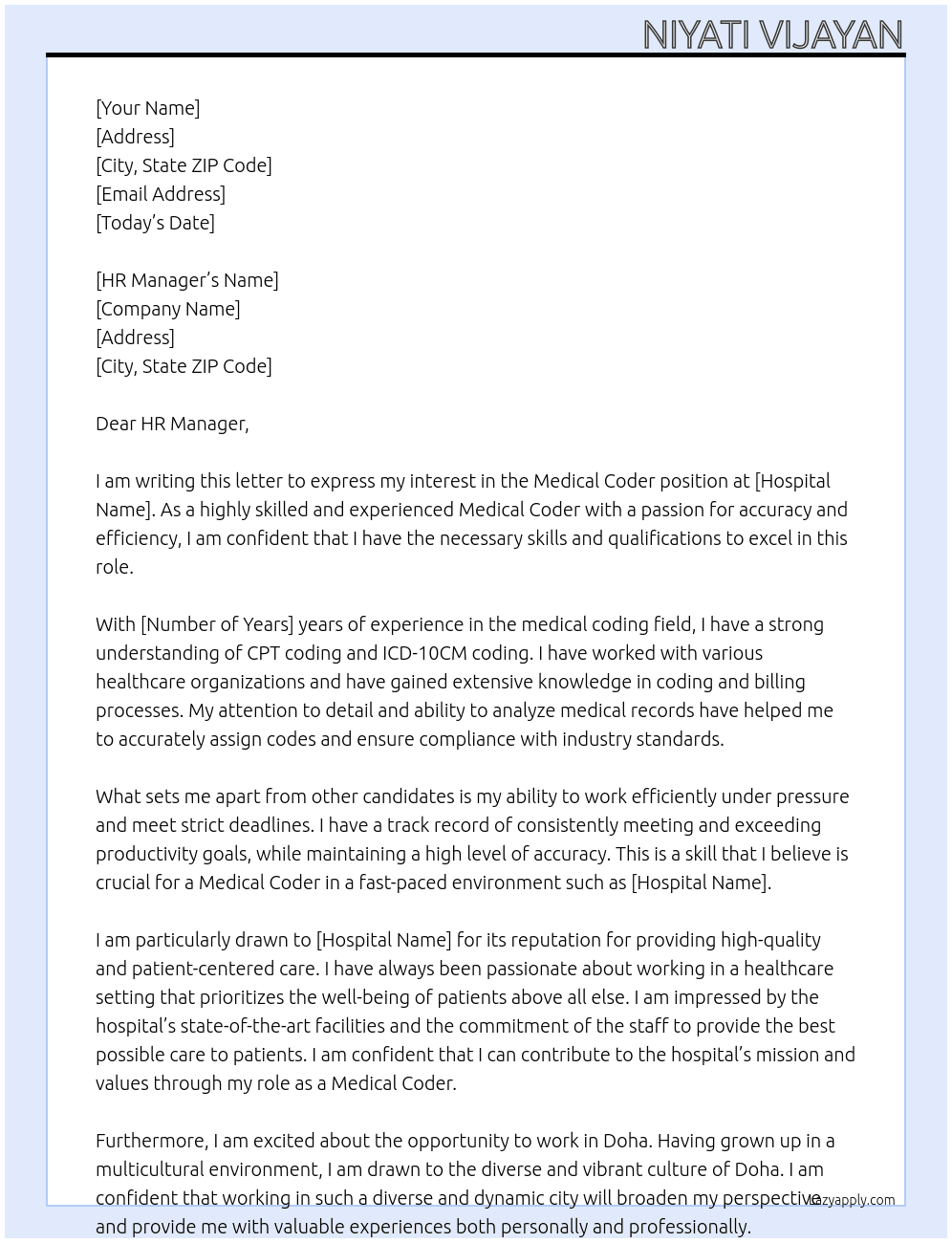 Medical Coder At Hospital Cover Letter